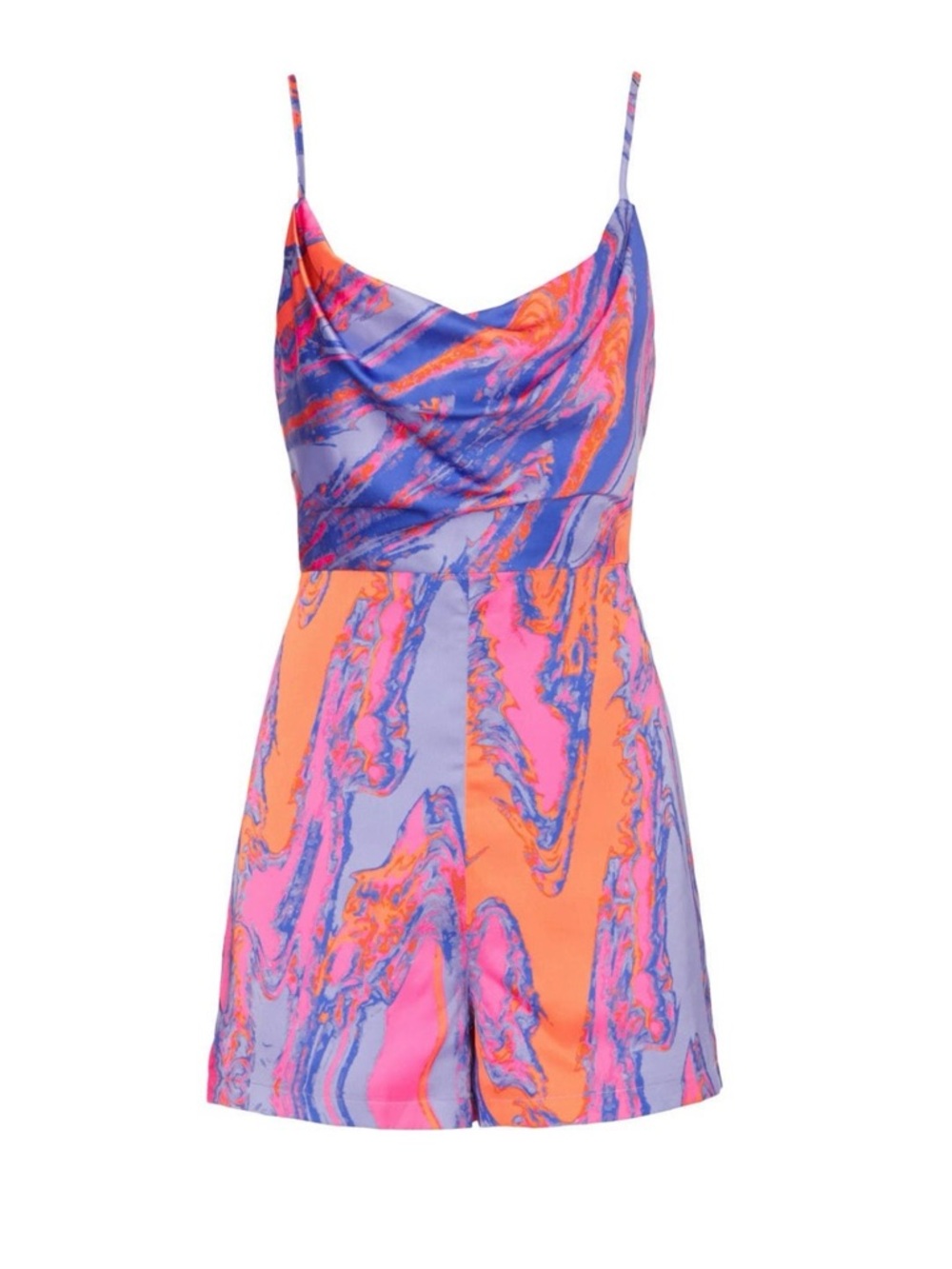 Vibrant Marble Print Cowl Neck Romper - Pink, Orange, Purple